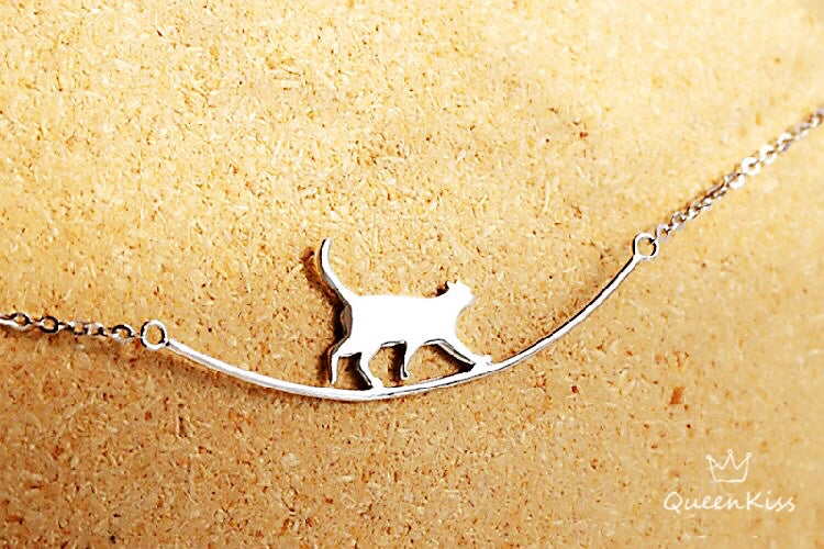 Sterling Silver Cute Adorable Cat Lover Crawling Cat Kitty on the Stick Sterling Silver Necklace - Midnight Angel!!