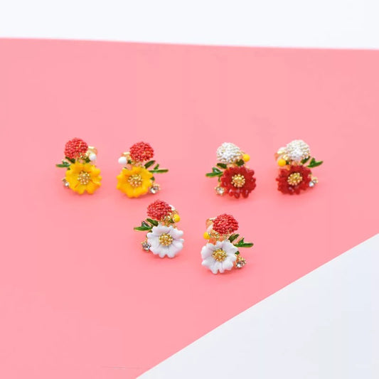 Enamel Yellow Floral Flowers Stud Earrings -- Floral Lady !!