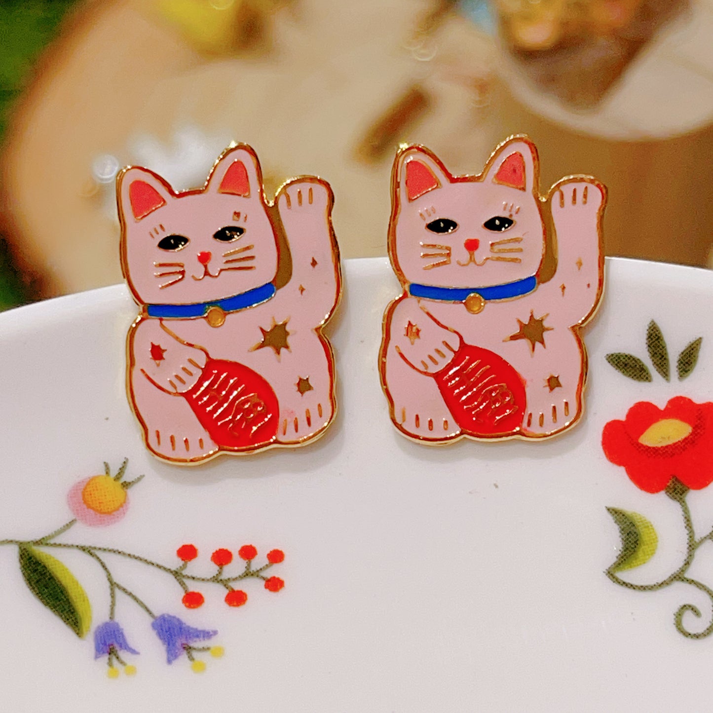 Handmade Japanese Style Luckycat Gold Plated Earrings