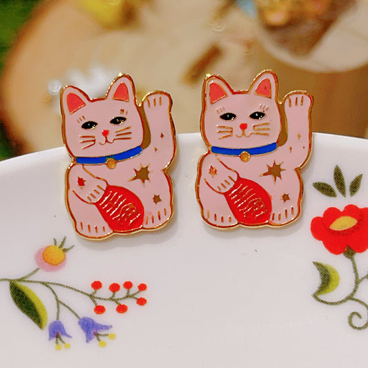 Handmade Japanese Style Luckycat Gold Plated Earrings