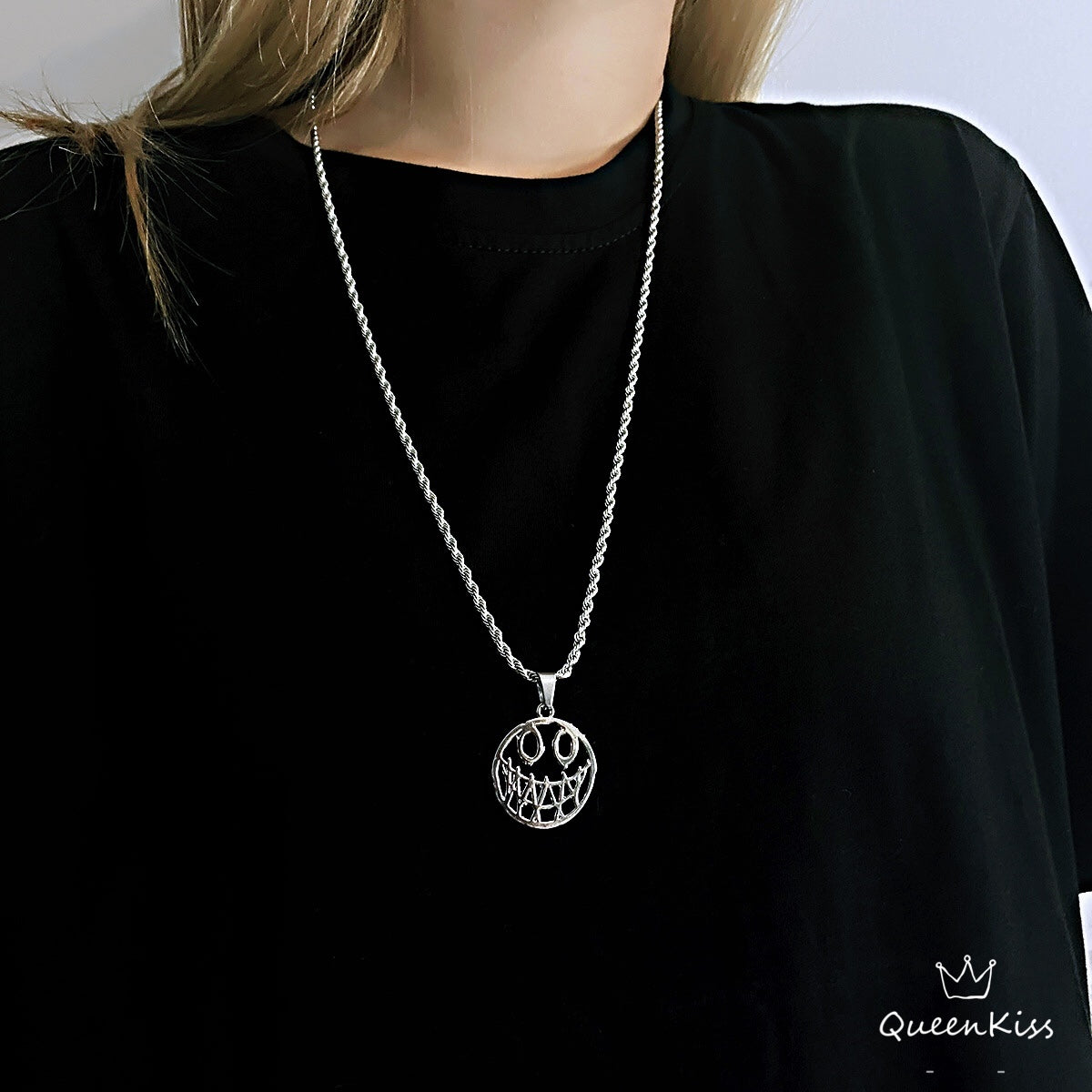 Funky Punk Stainless Steel Cool Cute Adorable Smiling Funny Face Silver Necklace -- What a Wonderful Face!!