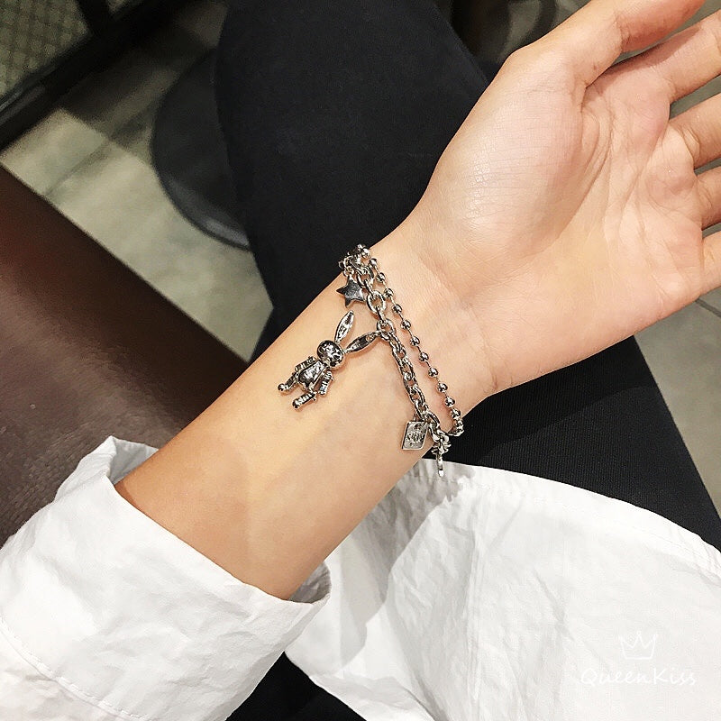 Cute Adorable Stainless Steel Two Layers Cool Style Chain Robot Teddy Rabit Silver Bracelet -- Zooist!!