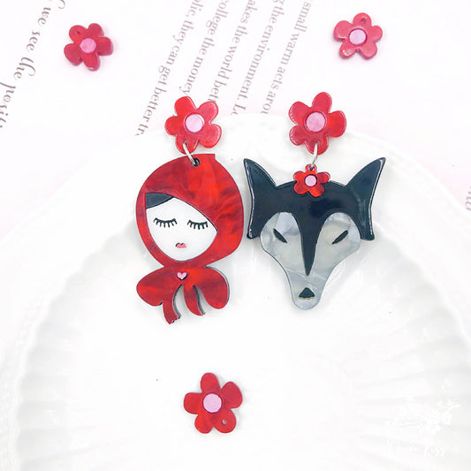 Cute Adorable Light Trendy Red Riding Hood and the Wolf Earrings - Don&#39;t open the door!!