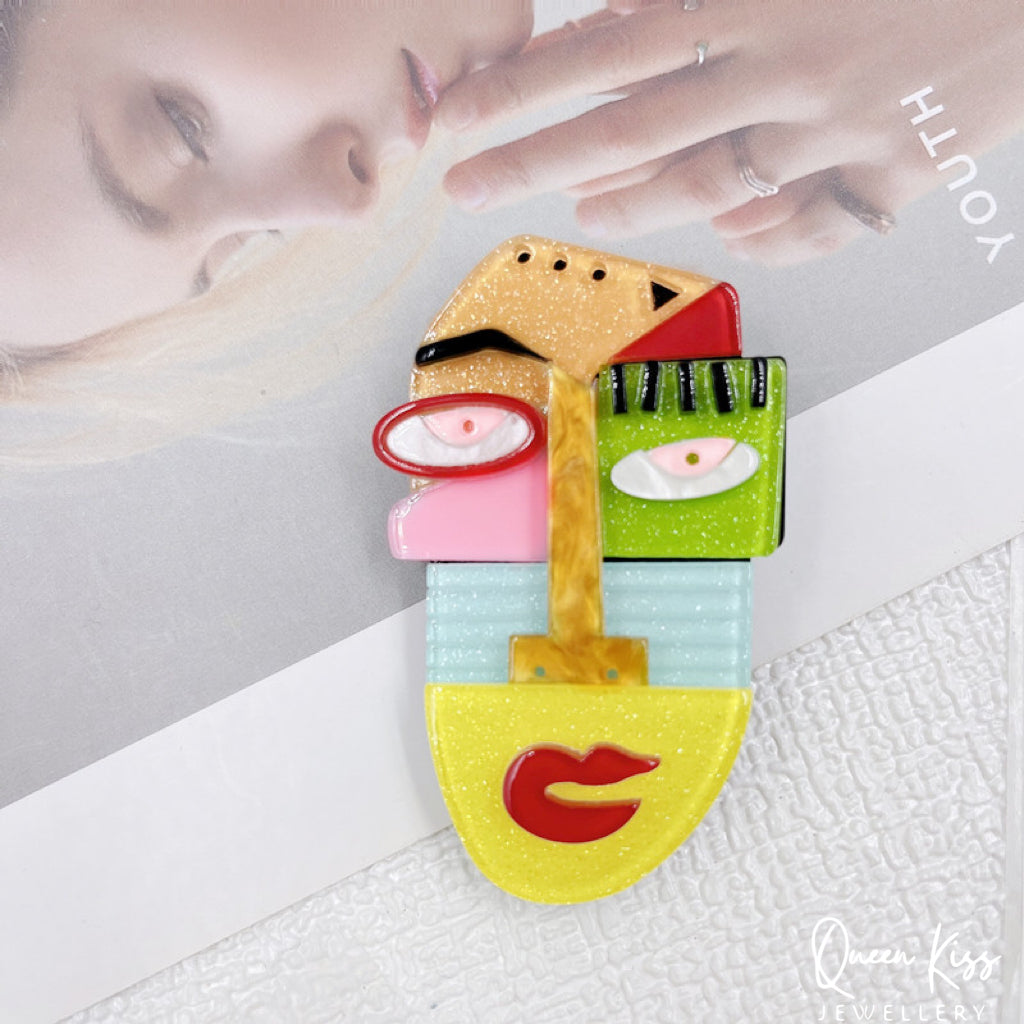 Cute Adorable Good Quality Acrylic Art Work Face Brooches Artist Gift for Her, Mother, Kid, Sister, Good Friends