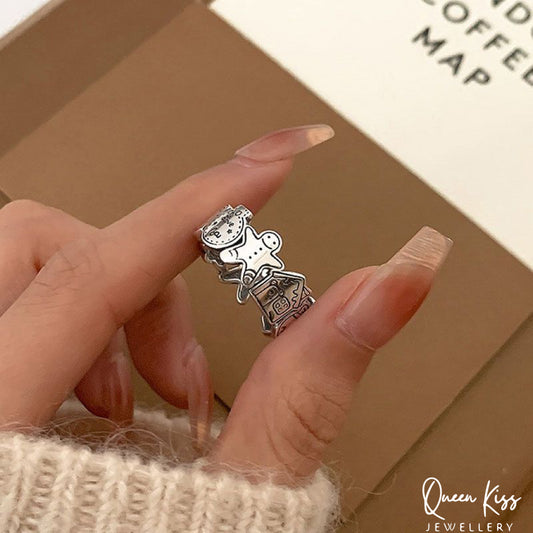 S925 Sterling Silver Vintage Adorable Story Time Ginger Bread Man and The House Ring Adjustable Silver Ring