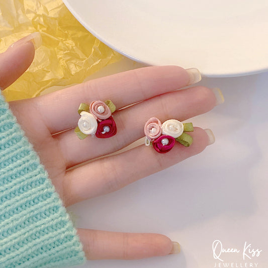 Red Pink White Flowers Green Leaves Stud Earrings -- Little Fairy Lady!!