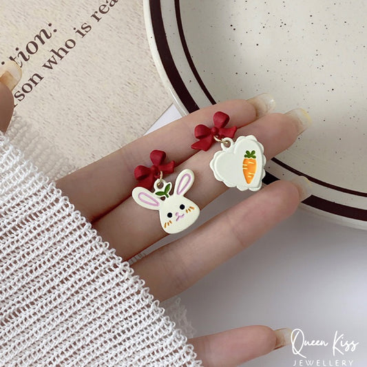 Super Cute Bunny Rabbit and Its Carrot Red Bowknot Love Earrings -- Cutie Babe!!
