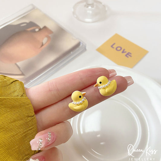 Cute Adorable Fun Yellow Duck with Pearl Studs Earrings -- Quack Quack Baby!!