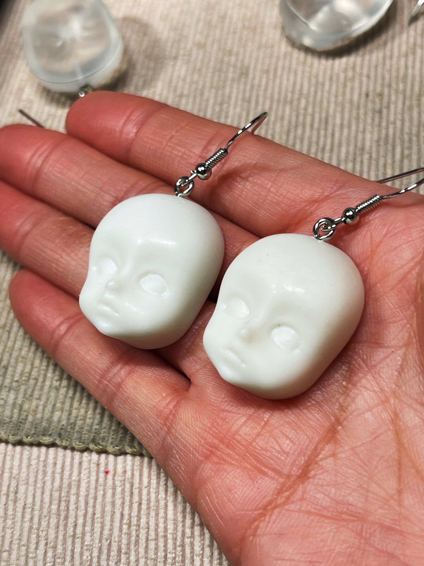 Quirky Dull Translucent and White Little Baby Doll Head Face Earrings -- Love Me Till The End!!