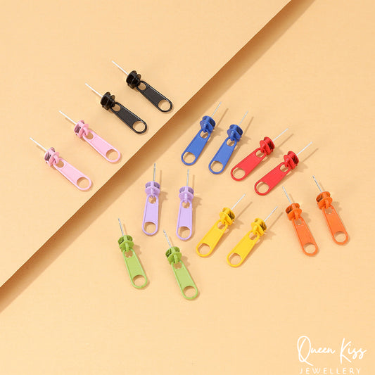 Quirky Cute Adorable Red Orange Pink Green Yellow Black Blue Purple Zip Stud Earrings for Women Men One Pair -- Spotlight !!