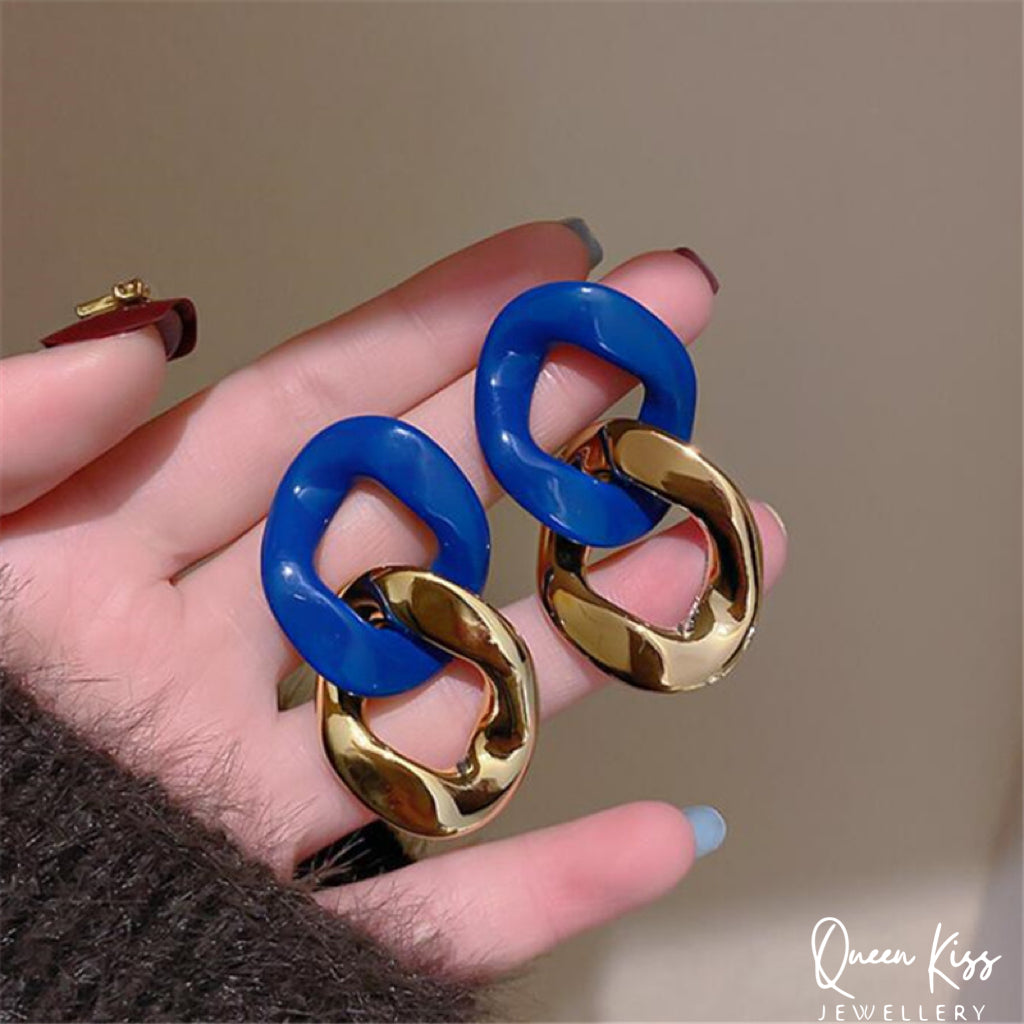 Light Colorful Navy and Gold Chain Funny Quirky Earrings -- Party Queen!