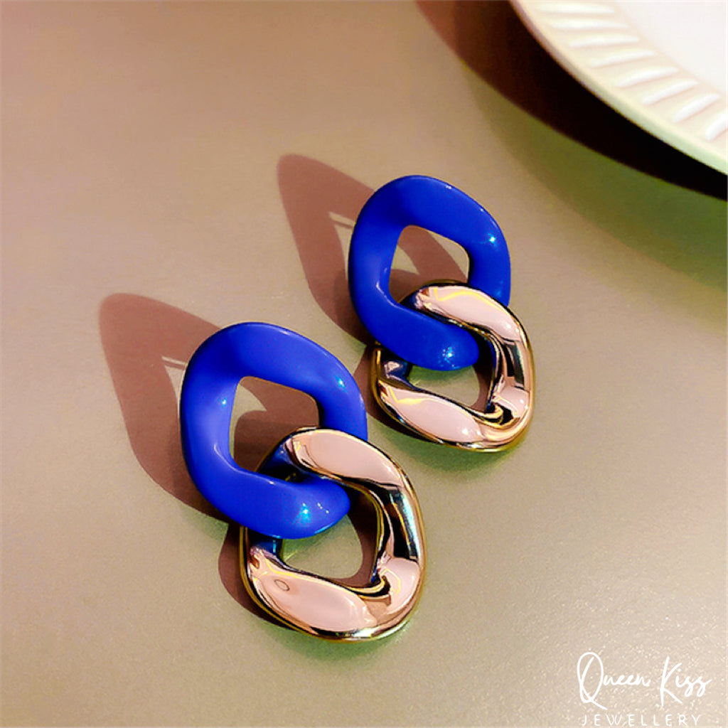 Light Colorful Navy and Gold Chain Funny Quirky Earrings -- Party Queen!
