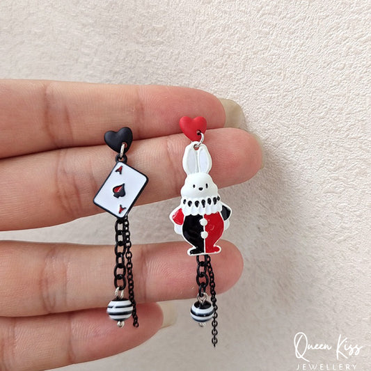 Super Cute Wonderland Rabbit Ace Card Enamelled Earrings -- Hide and Seek!!