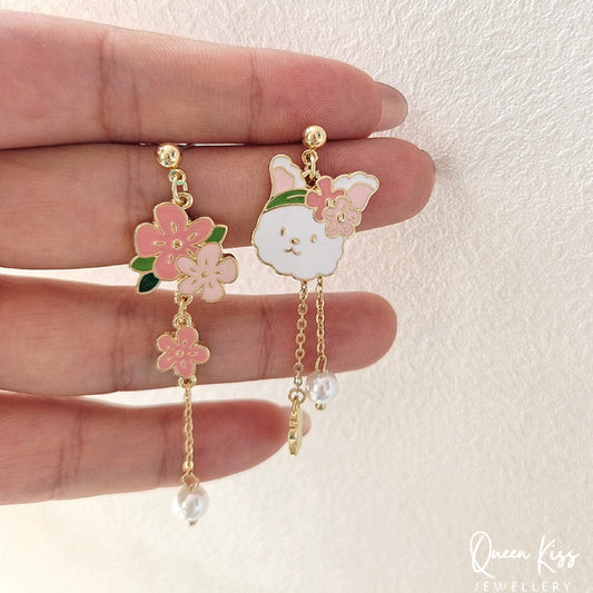 Super Cute Rabbit Bunny and Her Favourite Flowers Earrings -- Bunny Baby!!