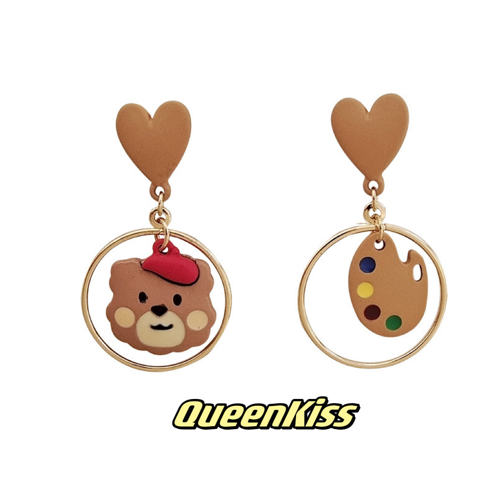 Super Cute Bear Painter and Color Palette Heart Earrings -- Paris Paris!!