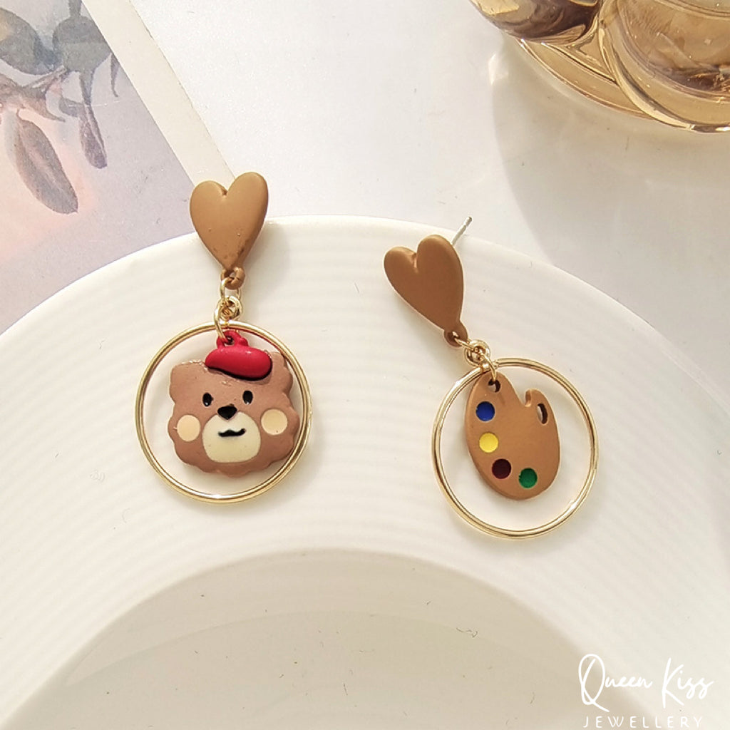 Super Cute Bear Painter and Color Palette Heart Earrings -- Paris Paris!!
