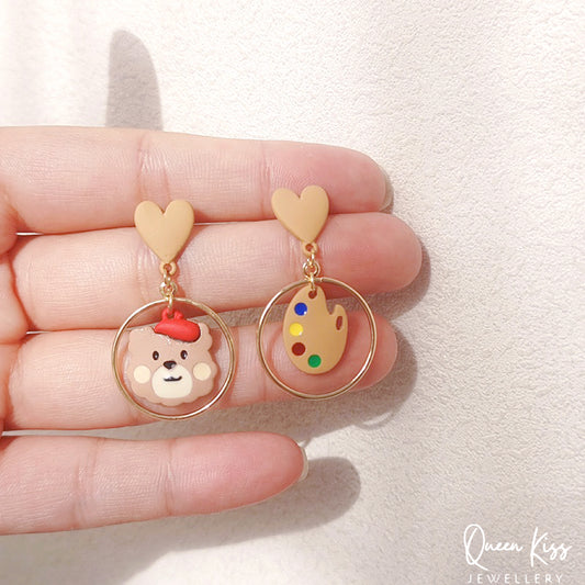 Super Cute Bear Painter and Color Palette Heart Earrings -- Paris Paris!!