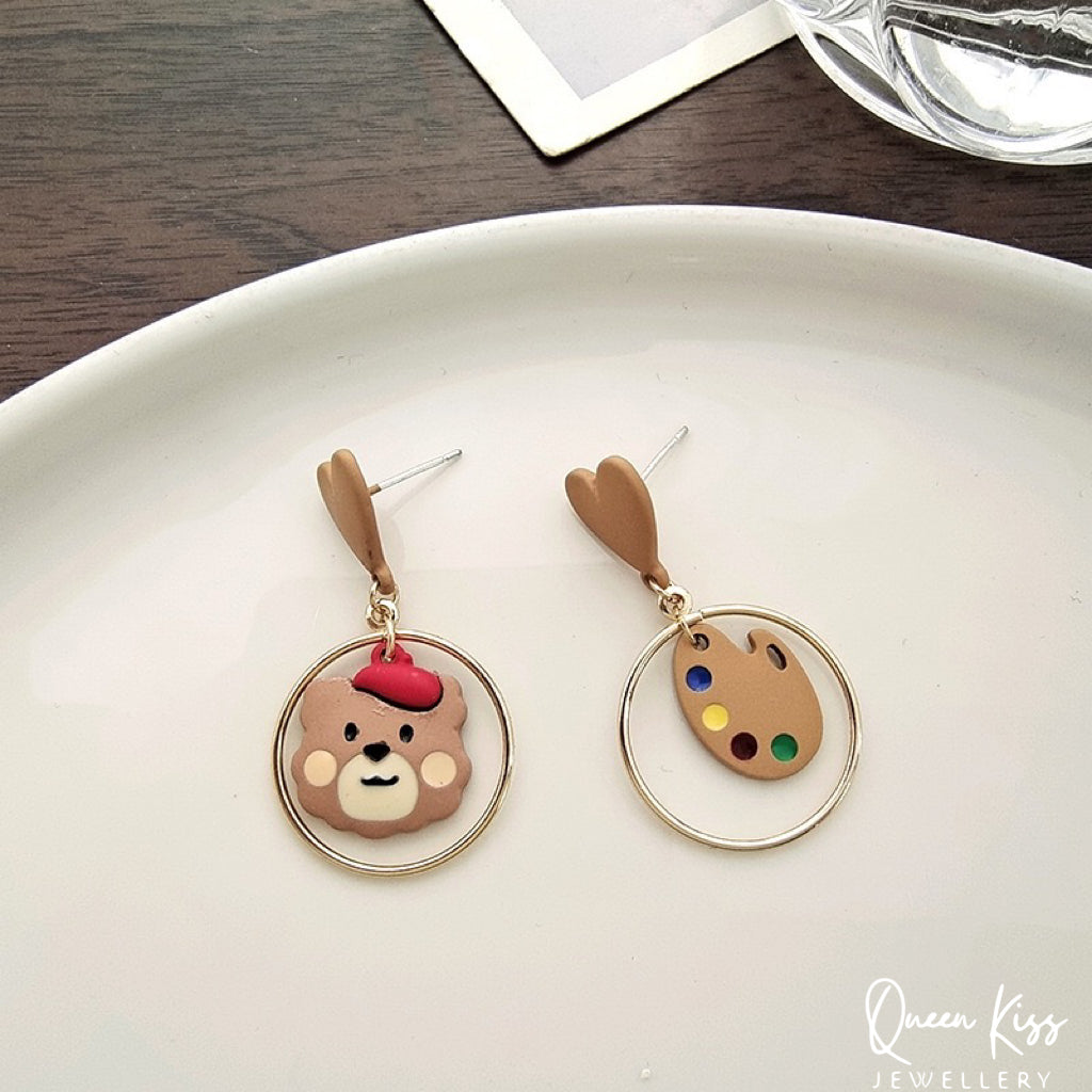 Super Cute Bear Painter and Color Palette Heart Earrings -- Paris Paris!!