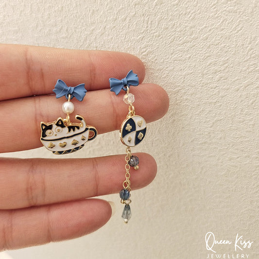 Super Cute Kitty Cat Playing in the Cup Earrings -- Love Is All Around!!