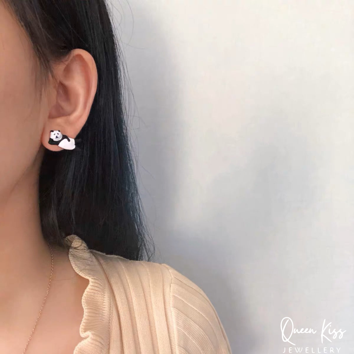 Enamel Handmade Cute Adorable Black and White Cat Panda and Dog Studs Earrings -- Kawaii Family!!