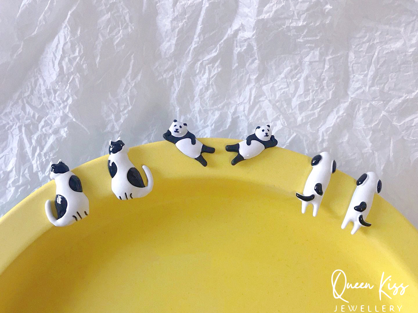 Enamel Handmade Cute Adorable Black and White Cat Panda and Dog Studs Earrings -- Kawaii Family!!