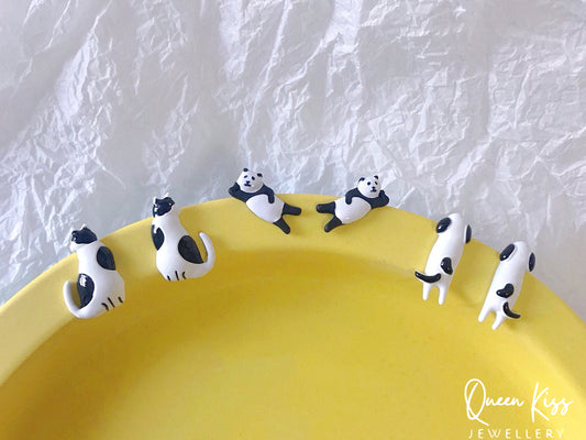 Enamel Handmade Cute Adorable Black and White Cat Panda and Dog Studs Earrings -- Kawaii Family!!