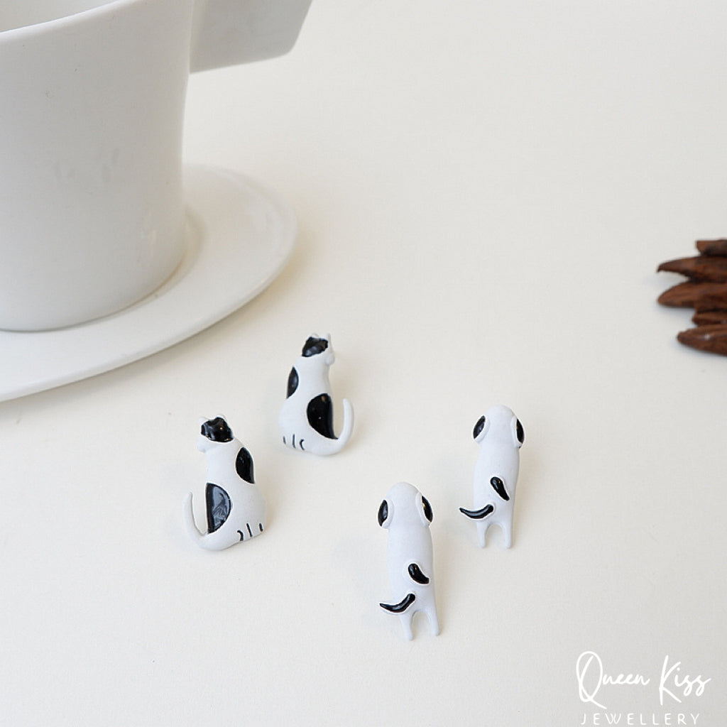 Enamel Handmade Cute Adorable Black and White Cat Panda and Dog Studs Earrings -- Kawaii Family!!