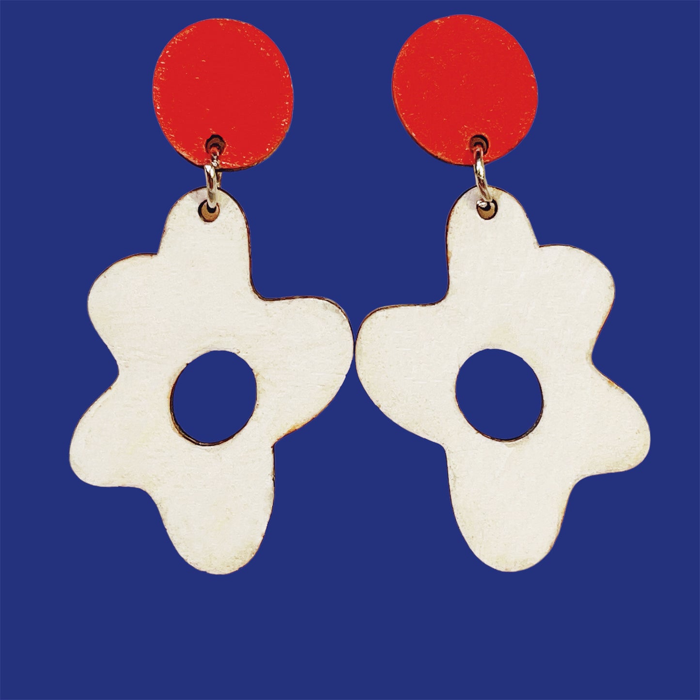 Handmade Boho Red and White Floral Wood Earrings