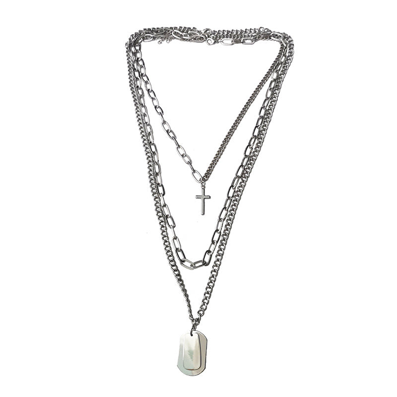 Funky Punk Stainless Steel Cross Plain Cool Three Layers One Set Silver Necklace -- Be a man!!
