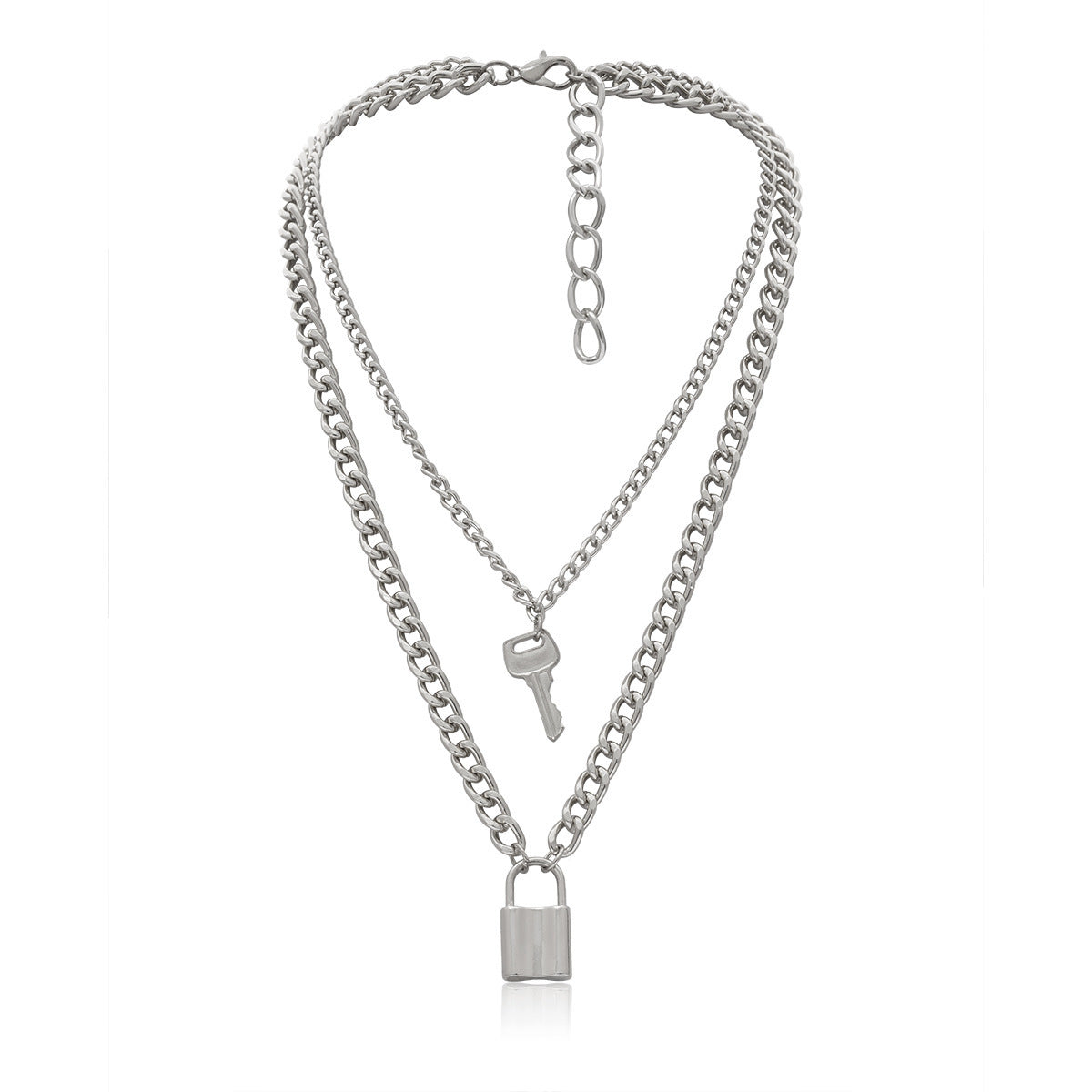 Funky Punk Stainless Steel Cool Two Layers One Set Key and Lock Silver Necklace -- Key to my heart!