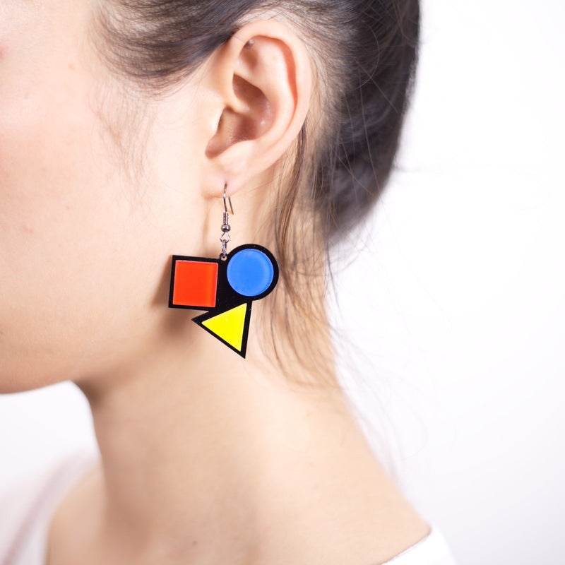 Cute Light Trendy Red Square Blue Circle Yellow Triangle Earrings - Make me Happy!!