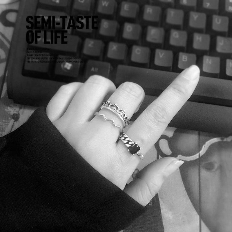 s925 Cool Vintage Asymmetrical White and Black Cubic Zircon Adjustable Silver Ring