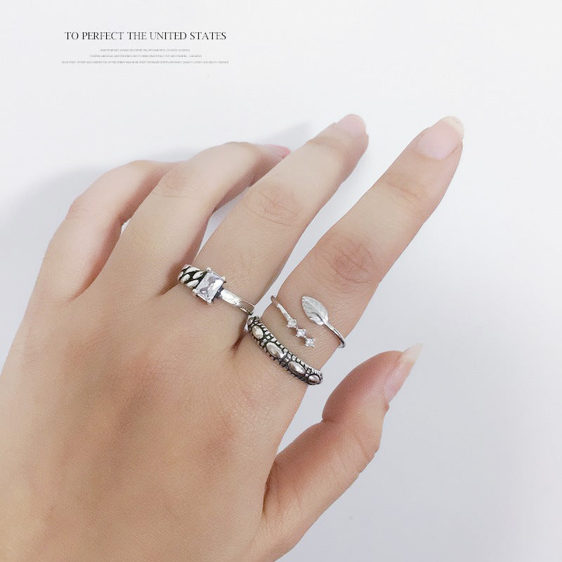 s925 Cool Vintage Asymmetrical White and Black Cubic Zircon Adjustable Silver Ring