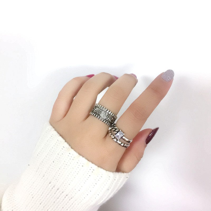 s925 Cool Vintage Asymmetrical White and Black Cubic Zircon Adjustable Silver Ring