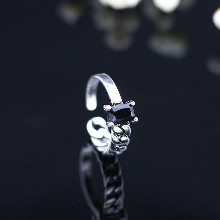 s925 Cool Vintage Asymmetrical White and Black Cubic Zircon Adjustable Silver Ring