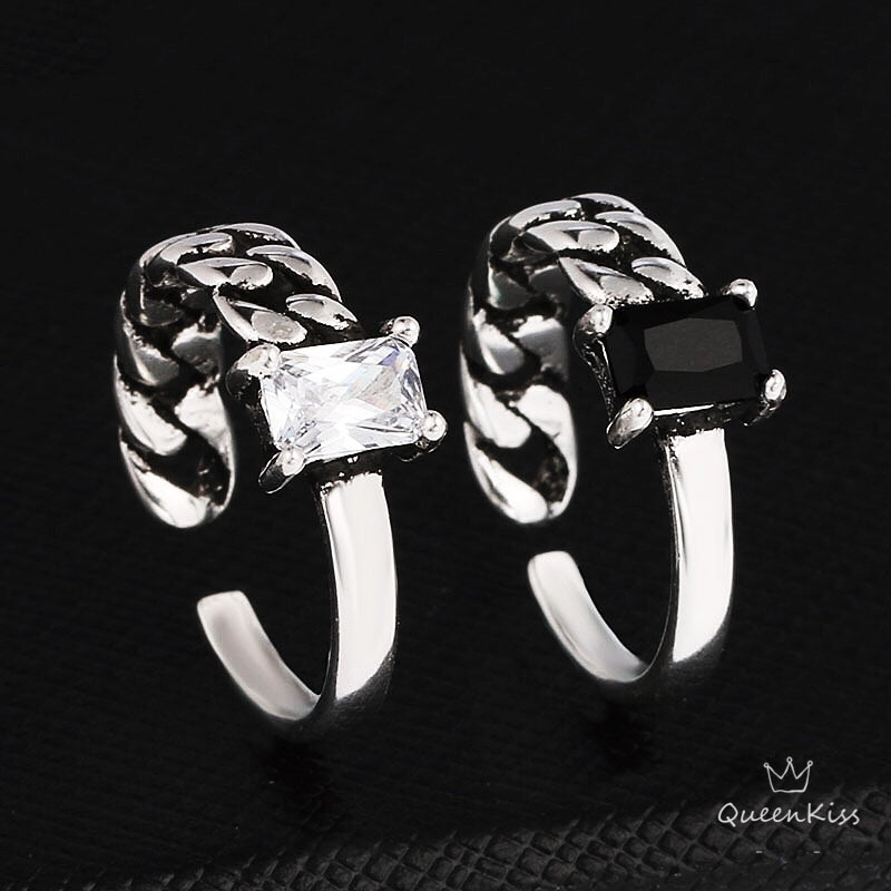 s925 Cool Vintage Asymmetrical White and Black Cubic Zircon Adjustable Silver Ring
