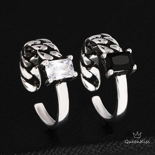 s925 Cool Vintage Asymmetrical White and Black Cubic Zircon Adjustable Silver Ring