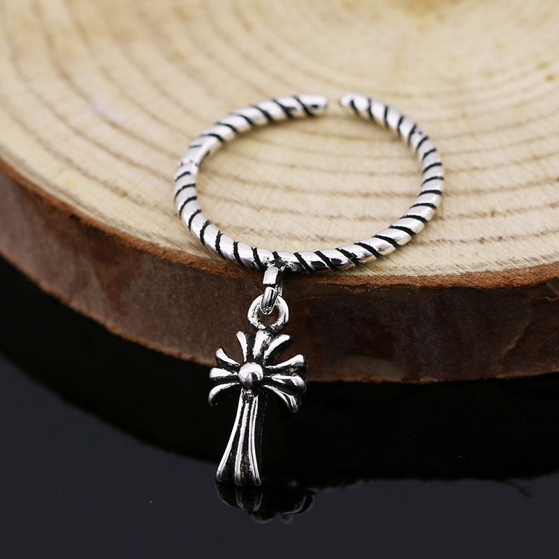 S925 Cool Vintage Cross Twisted Wire Ring Plain Ring Adjustable Silver Ring