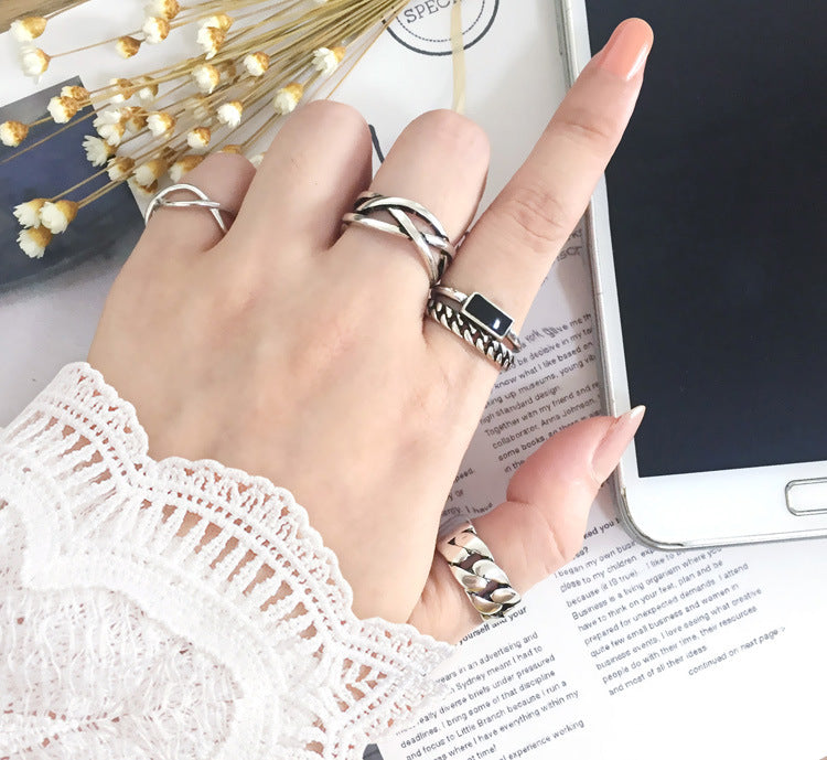 Cool Vintage Asymmetrical White and Black Cubic Zircon Adjustable Silver Ring
