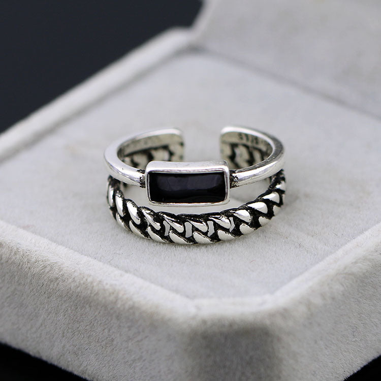 Cool Vintage Asymmetrical White and Black Cubic Zircon Adjustable Silver Ring