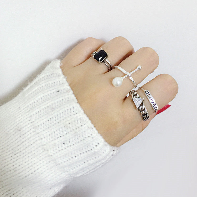 s925 Cool Vintage Asymmetrical White and Black Two Layers Cubic Zircon Adjustable Silver Ring