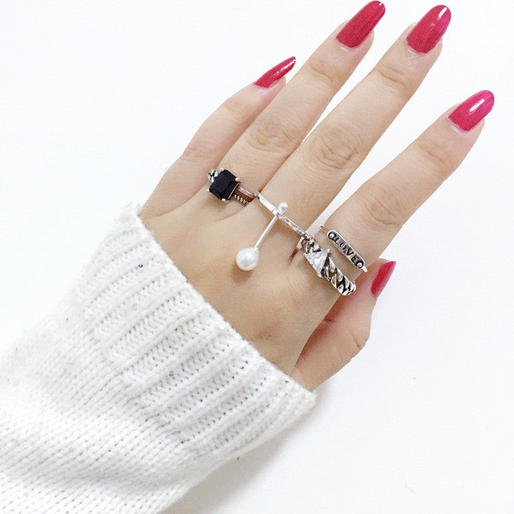 s925 Cool Vintage Asymmetrical White and Black Two Layers Cubic Zircon Adjustable Silver Ring
