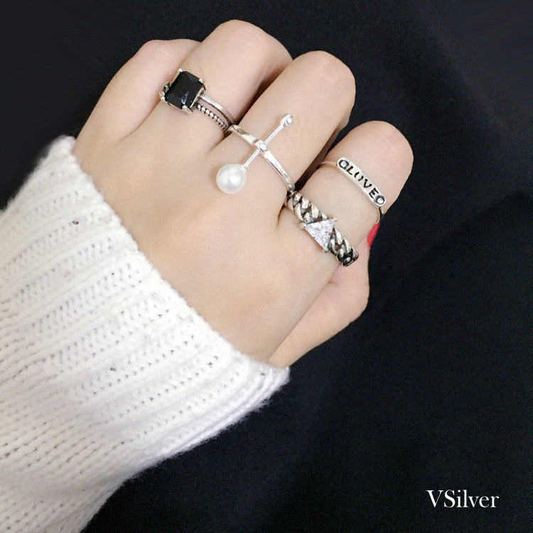 s925 Cool Vintage Asymmetrical White and Black Two Layers Cubic Zircon Adjustable Silver Ring