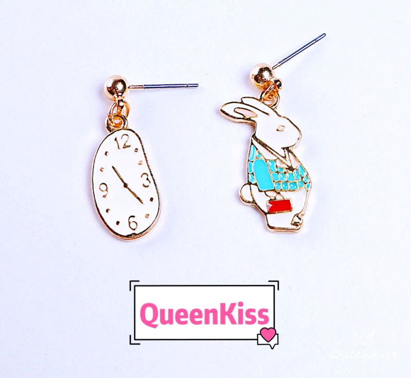 Super Cute Wonderland Rabbit and Clock Enamelled Earrings -- Secret Garden!!