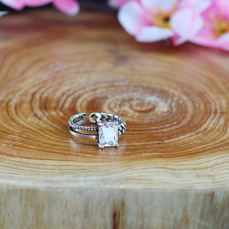 s925 Cool Vintage Asymmetrical White and Black Two Layers Cubic Zircon Adjustable Silver Ring