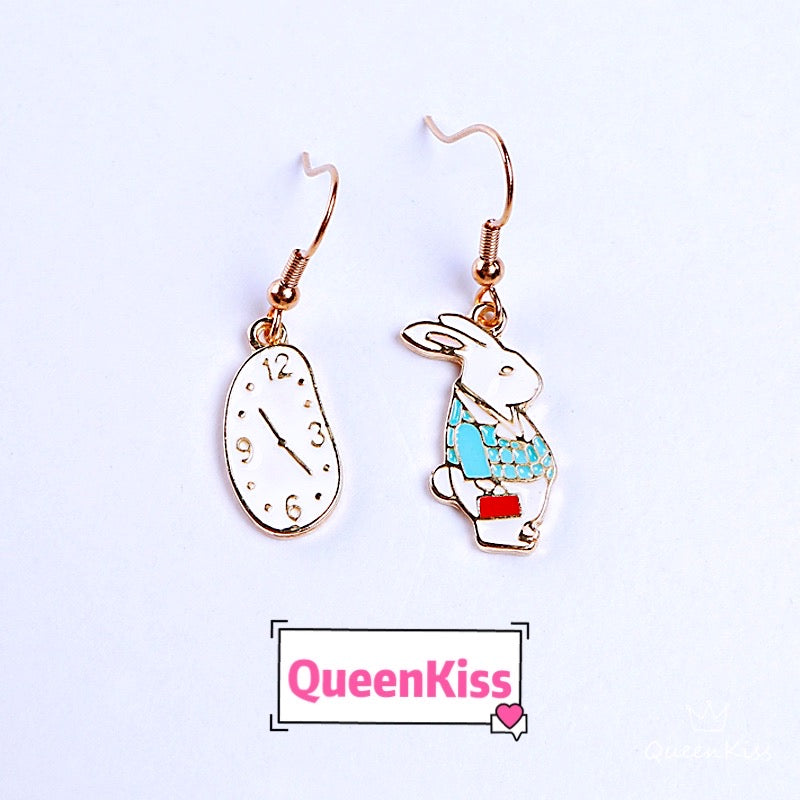 Super Cute Wonderland Rabbit and Clock Enamelled Earrings -- Secret Garden!!