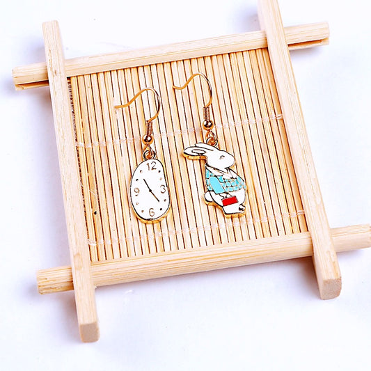 Super Cute Wonderland Rabbit and Clock Enamelled Earrings -- Secret Garden!!