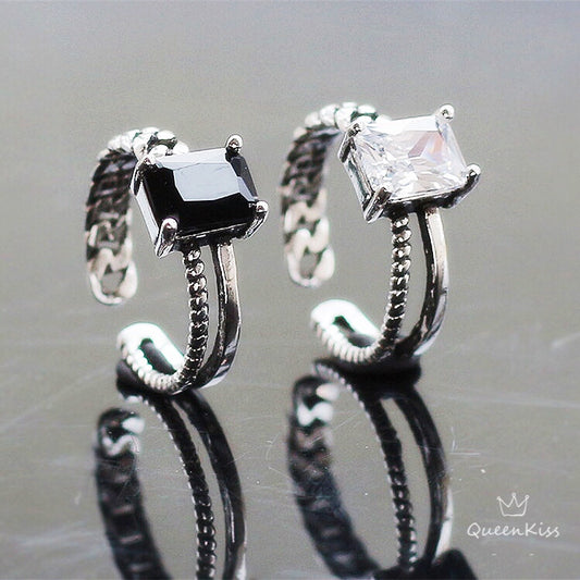 s925 Cool Vintage Asymmetrical White and Black Two Layers Cubic Zircon Adjustable Silver Ring