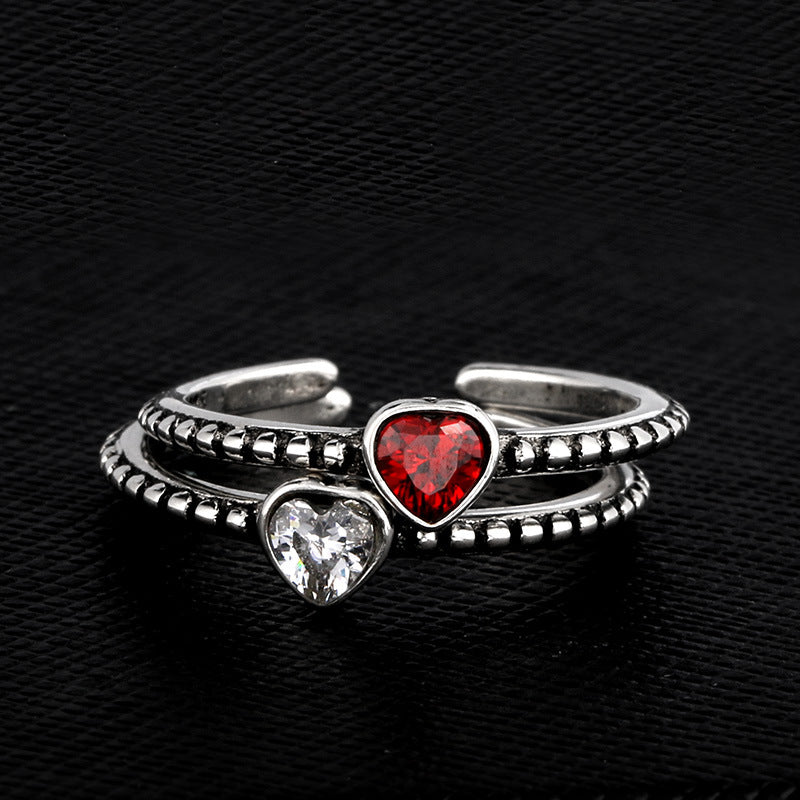 s925 Cool Vintage Minimalist Cubic Zircon Red Black White Adjustable Silver Ring