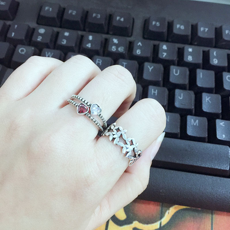 s925 Cool Vintage Minimalist Cubic Zircon Red Black White Adjustable Silver Ring